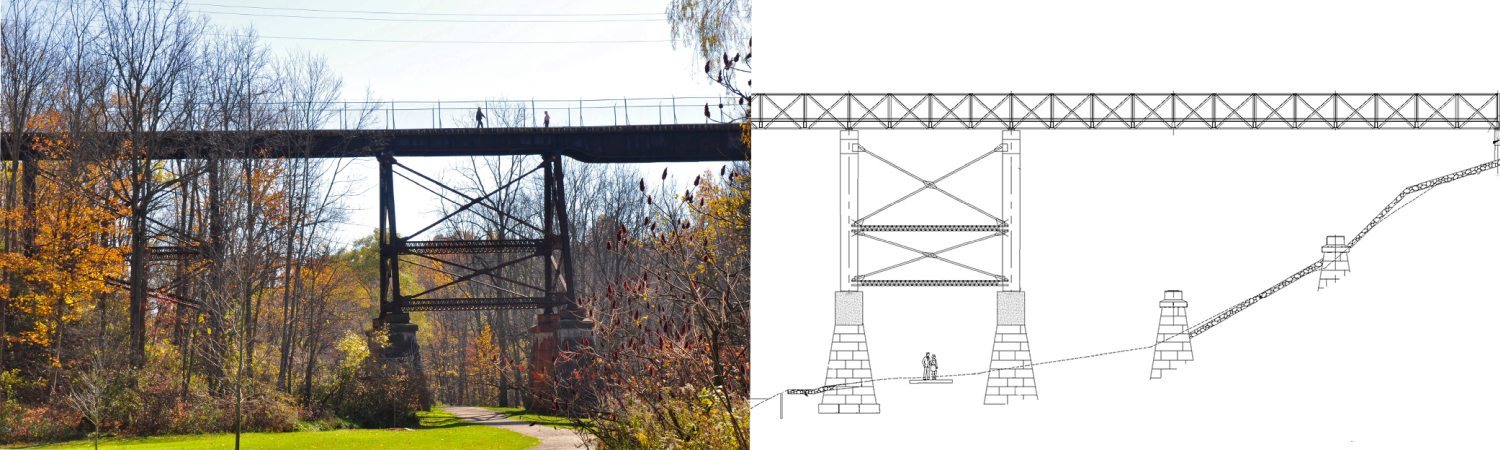 Side by side view of existing Kinsmen Bridge with concept drawing of new pedestrian bridge on right