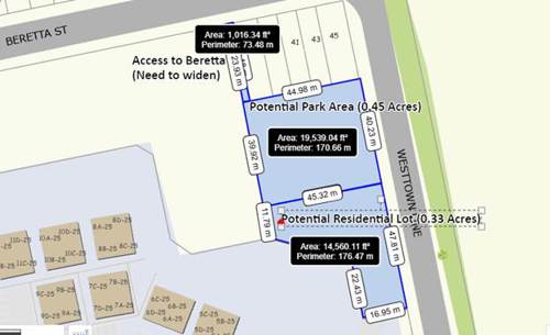 The image shows a parking lot layout with marked areas for potential residential lots and park spaces, including specific measurements for each plot.
AI-generated content may be incorrect.