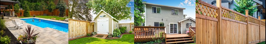 image of pool, shed, deck and fence
